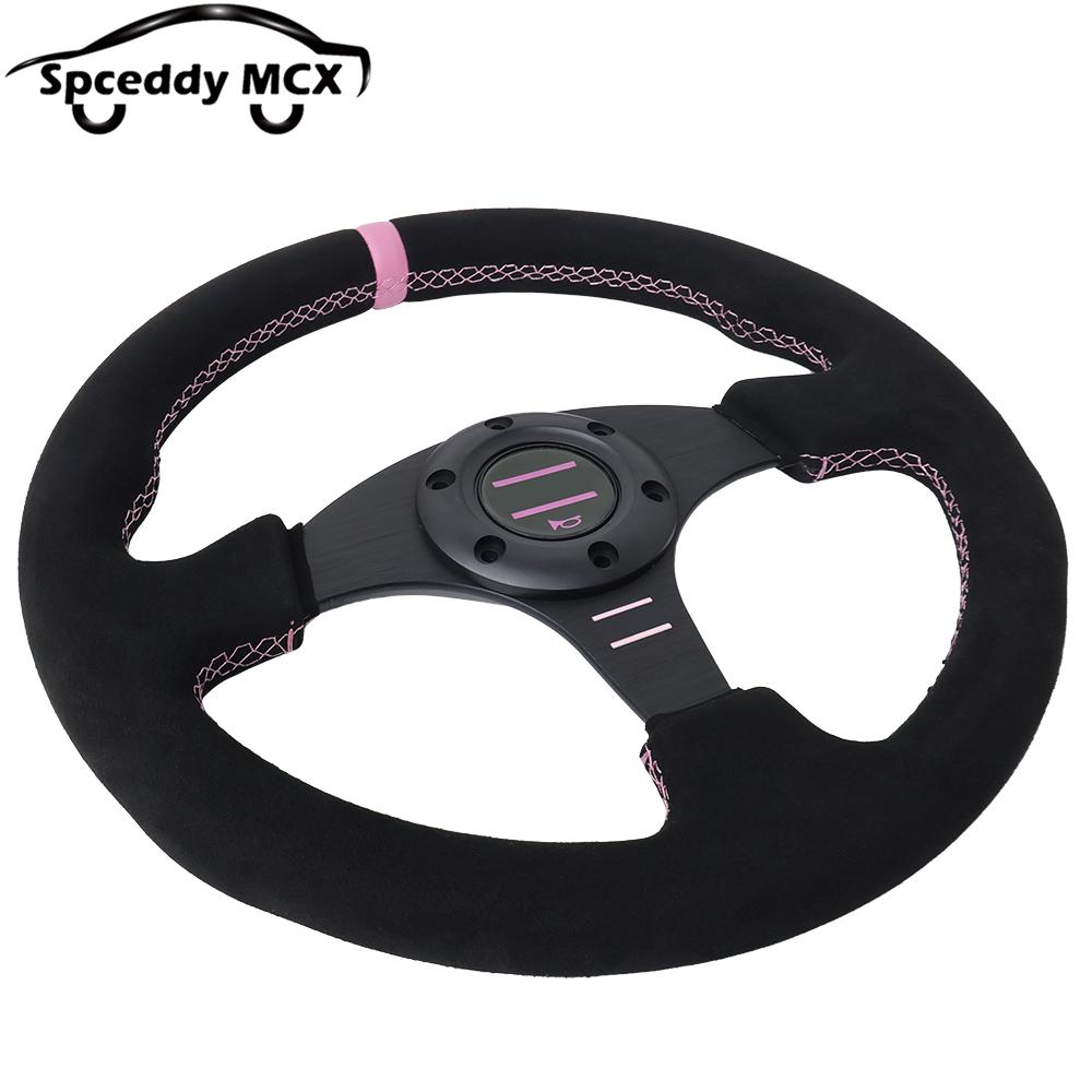 Spceddy MCX Pink Suede Steering Wheel 13inch 330mm 14inch 350mm Flat Racing Sport Real Leather Steering Wheel Universal