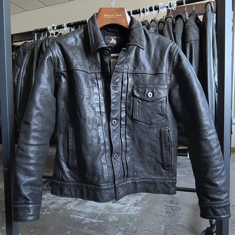 Denim leather jacket men's lapel leather jacket locomotive clothing casual short first-layer cowhide jacket