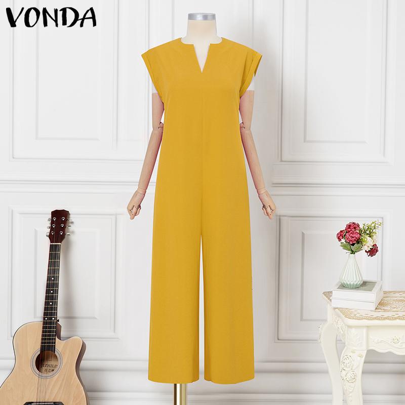 

VONDA Женский комбинезон с V-образным вырезом, короткими рукавами, повседневный, свободный, длинный, с широкими штанинами, ромпер для высоких 5XL жёлтый