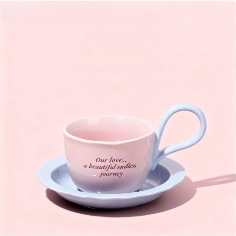 SOLECASA Ceramic Mugs with Creative Handle Pink Blue Coffee Cup & Saucer Set Afternoon Tea Coffee Latte Cups Home Coffee Mug Set