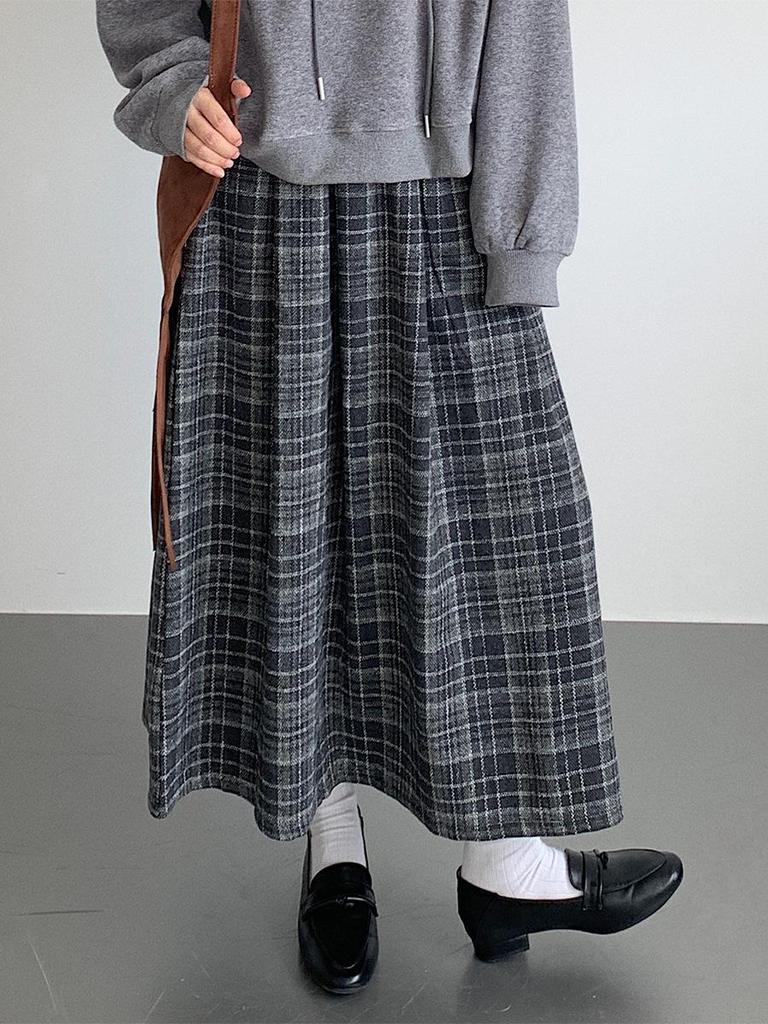 Ou Fan Retro Plaid Woolen Pleated A-line Skirt with Elastic Waist for Autumn/Winter