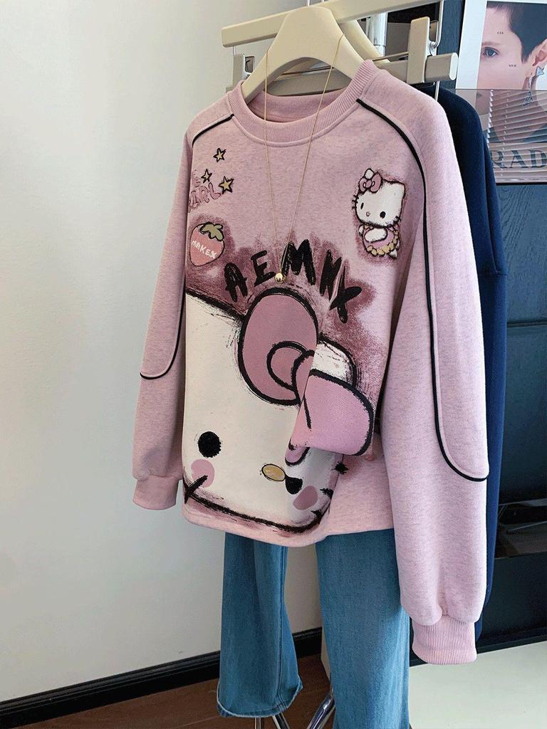 Women's Cute Pink Cartoon Crew Neck Sweatshirt - Early Autumn Petite Style, Super Trendy.