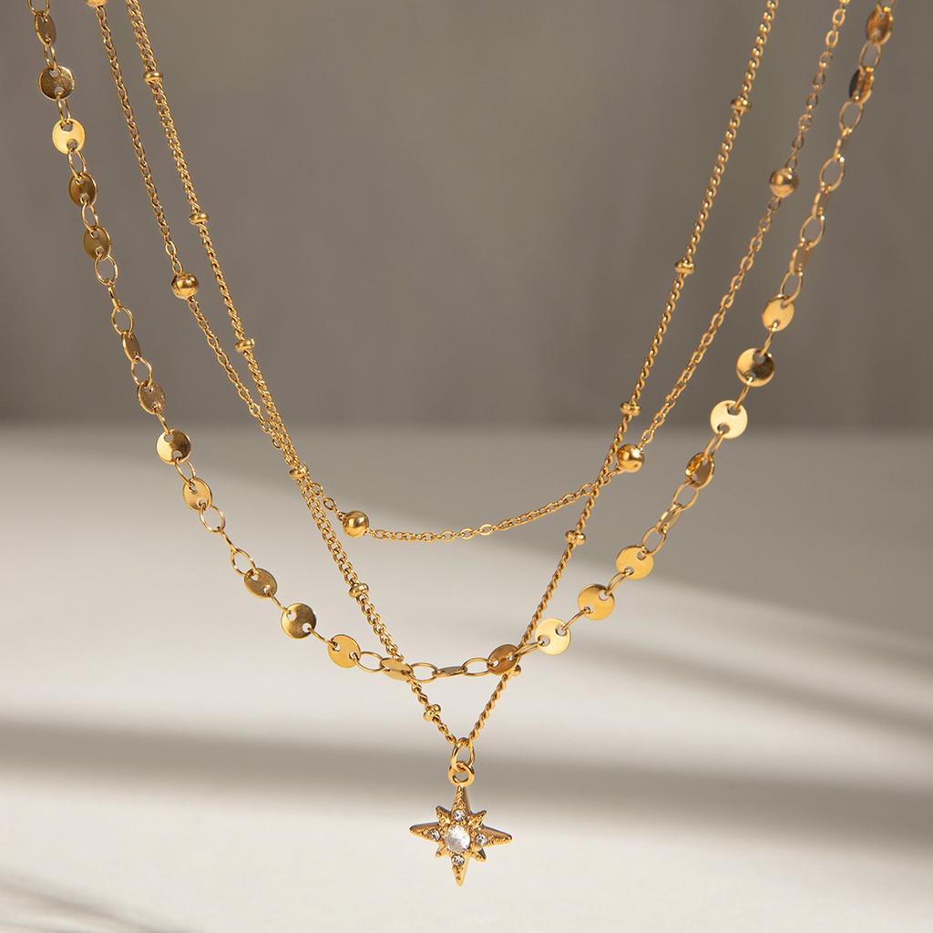 Youthway Rhinestone Star Layered Chain Pendant Necklace Women Stainless Steel Golden Metalic Waterproof Texture Necklace Jewelry