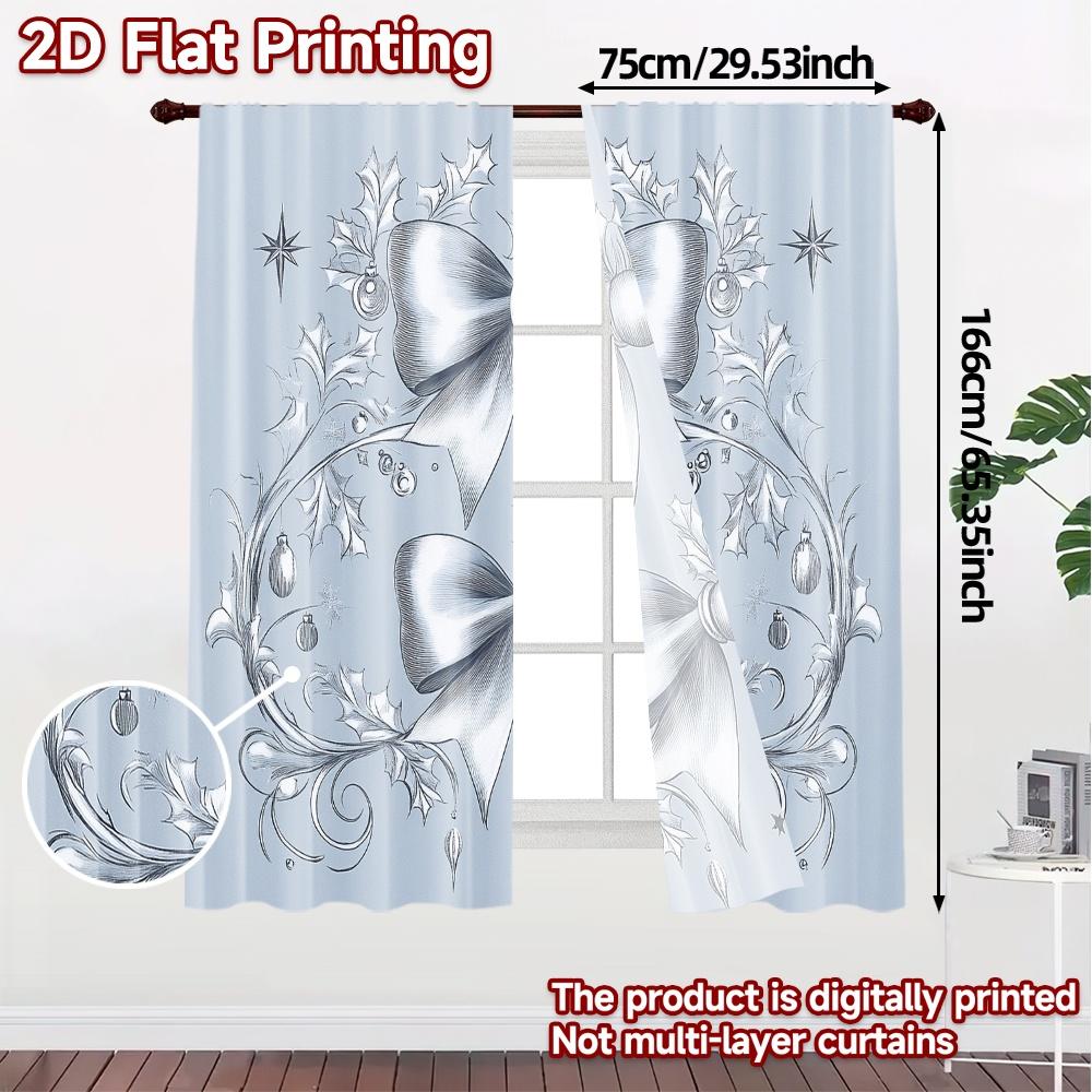 Set Of 2 Modern Curtains Christmas Bow Holly Ornaments Print Polyester Easy Install Decorations Outdoor Ldeal Curtain