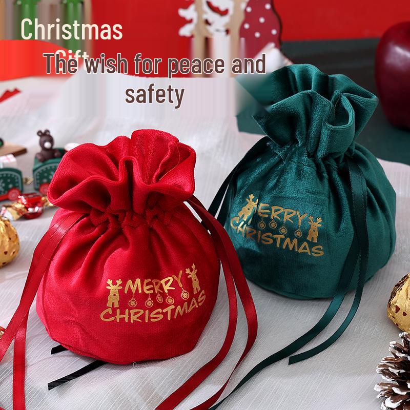 Cross-border Christmas Flannel Apple Drawstring Gift Bag with Bow - Cartoon Candy Bag for Kids