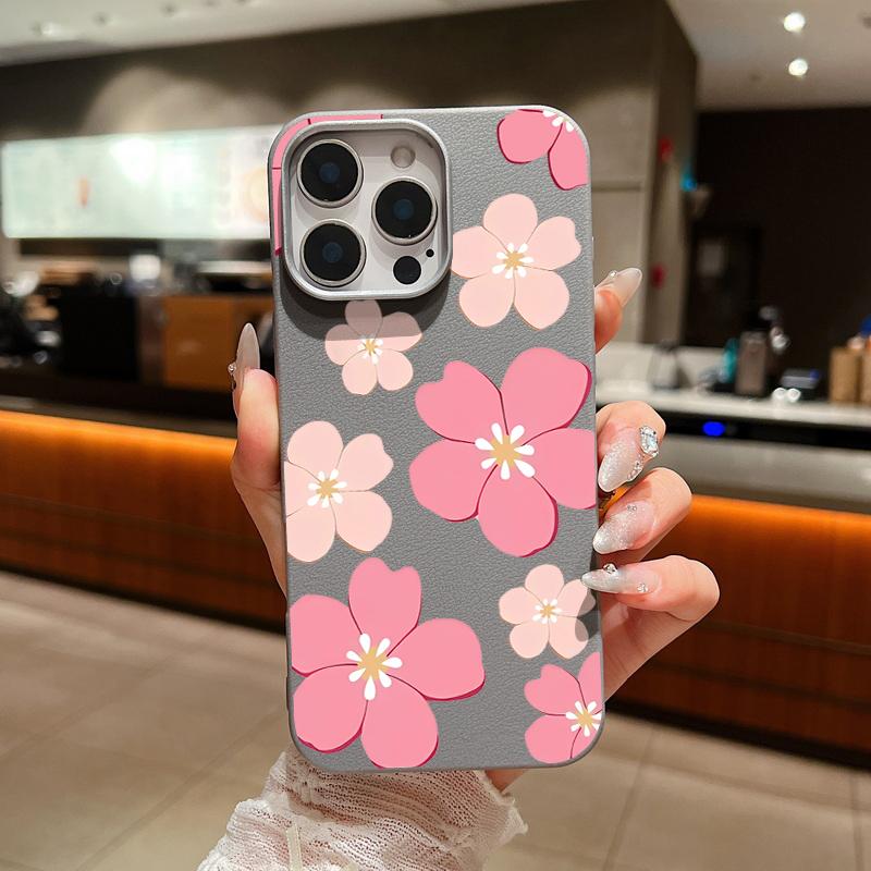 For iPhone 17 Pro Max Case Fresh Style Cherry Blossom Pattern Leather Texture Soft Silicone Cover For iPhone 16 15 14 13 Pro 12 11 16E Air