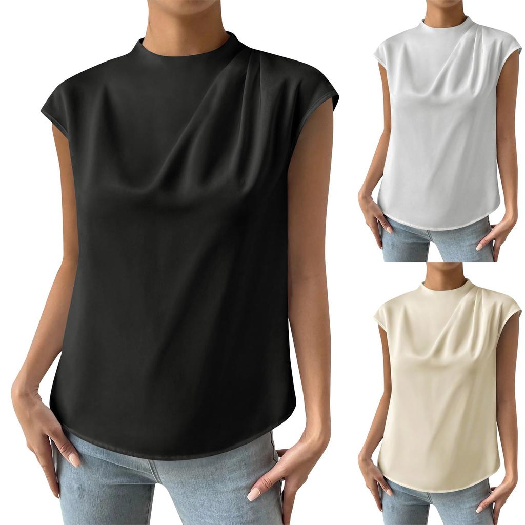 Women's Casual Elegant Satin Pleated Round Neck Shirt Solid Color Pullover Sleeveless Formal Work Shirt Top