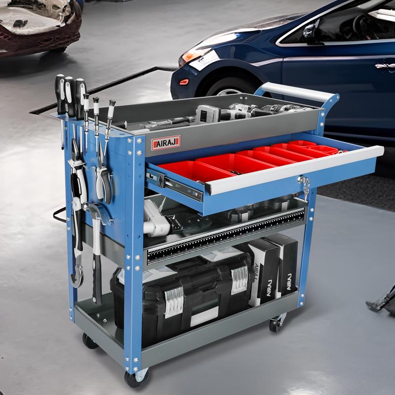 AIRAJ 3 Tier Rolling Tool Cart on Wheels,Metal Heavy Duty Mechanic Cart with Drawers and Pegboard,Industrial Utility Cart