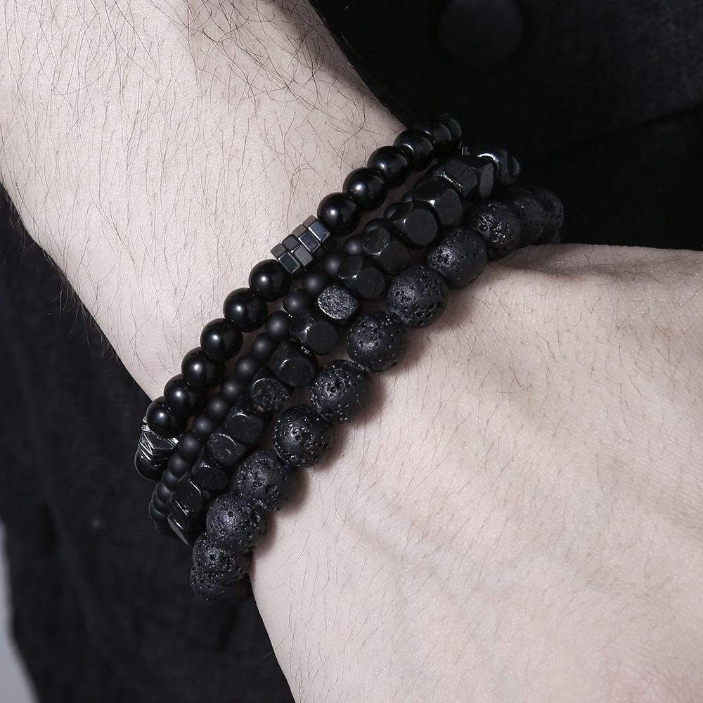 4PC Fashion Black Gallstone Volcanic Stone Wood Bead Multi layer Men's Combination Elastic Bracelet Couple Friends Jewelry