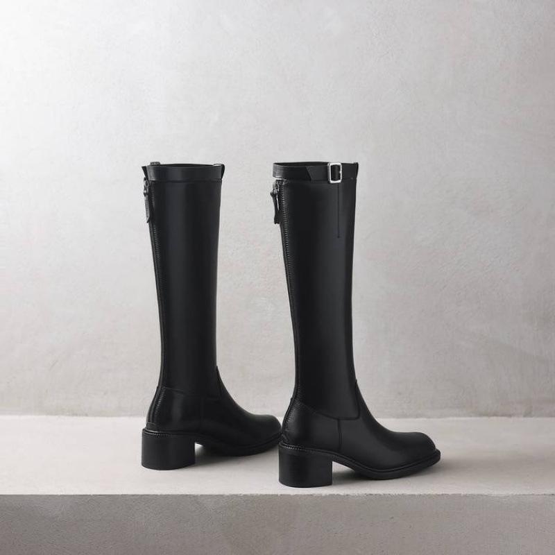 Autumn and Winter Solid Color Leather Women's Fashion Boots High Heel Large Size Women's Boots Rubber Sole Square Head Zipper Cowhide High Boots