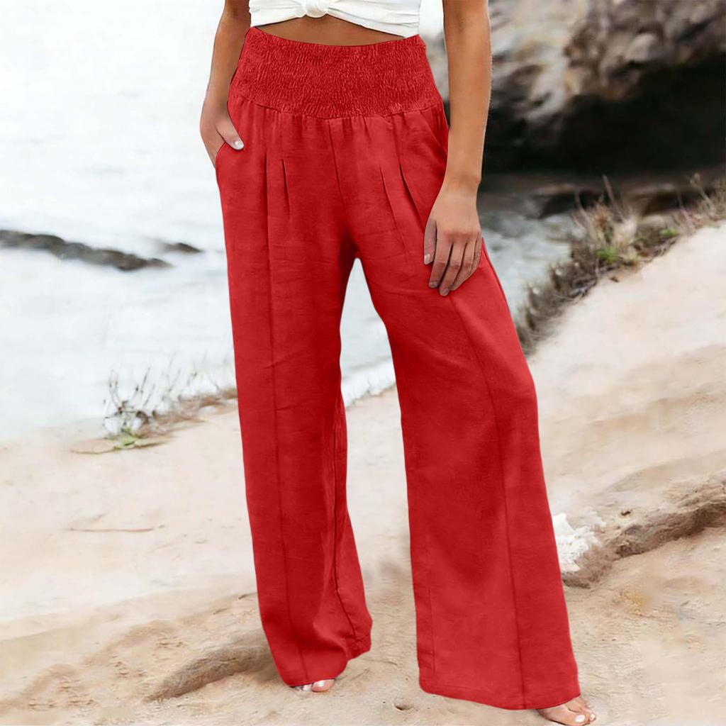 Women High Waist Wide Leg Pants Loose Fit Casual Trousers with Smocked Elastic Waistband and Side Pockets for Daily Wear