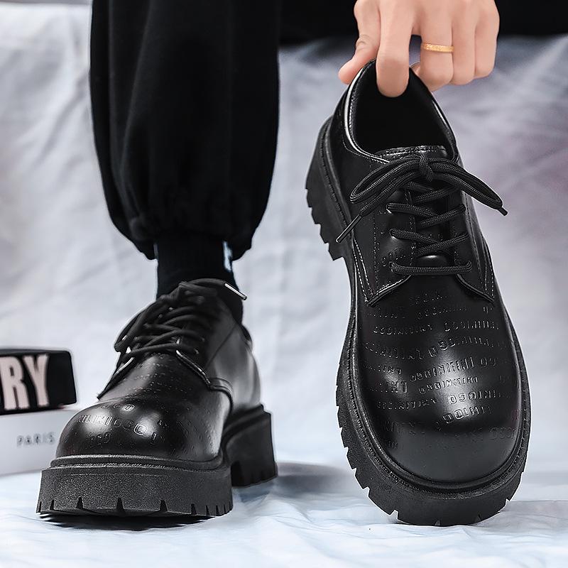 Men's British Style Height Increasing Derby Shoes - Black Leather, Thick Sole, Casual or Wedding Wear