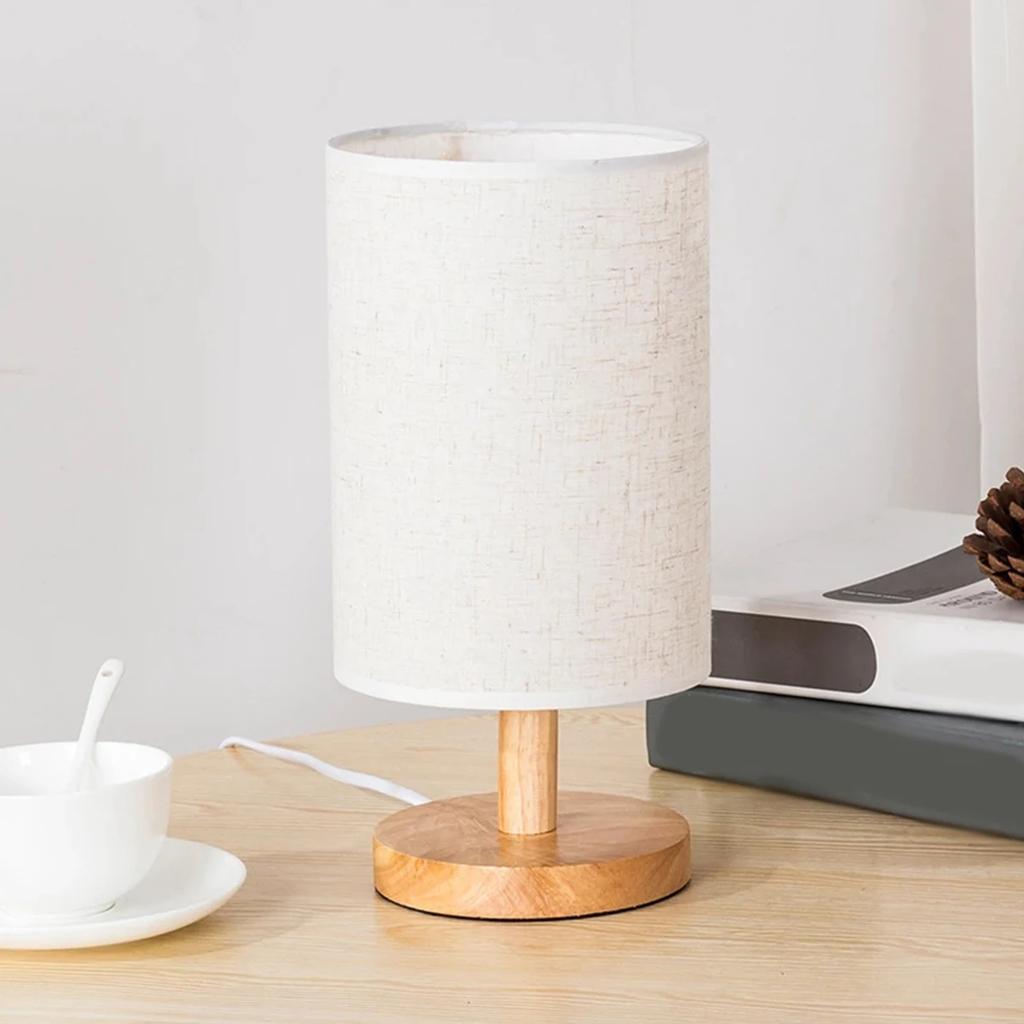 Linen Table Lamp LED Linen Night Lamp w/Warm White Light Linen Nightstand Lamp USB Powered Wooden Beside Lamp