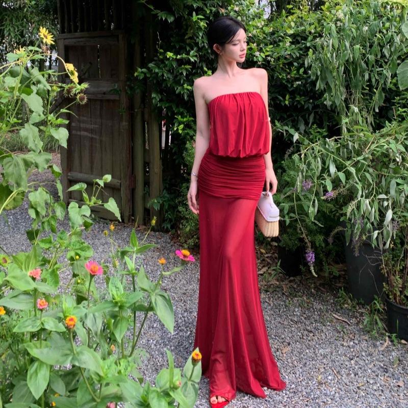 Red One-word Shoulder Sleeveless Dress Royal Sister Style Temperament Vacation Dress Birthday Party Dress Sexy Hip Dress