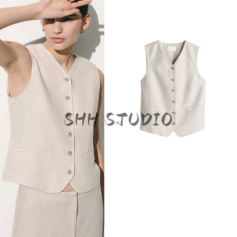 Spring and Summer Women's Clothing Fashion Style Decorated Row Button V Neck Sleeveless Short Linen Blended Suit Vest 1275503
