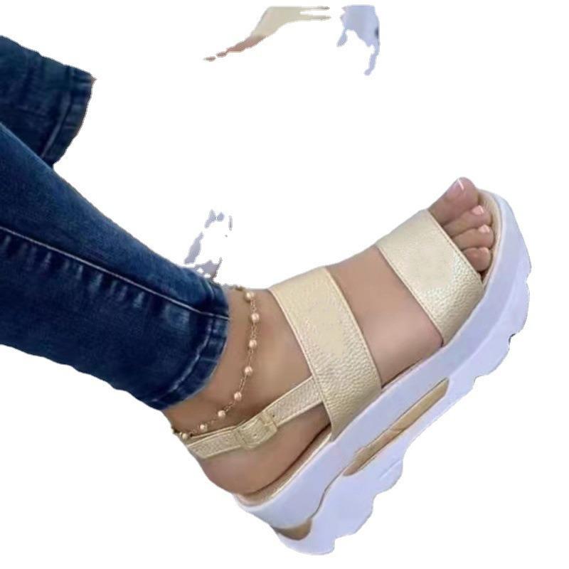 Summer new large-size women's shoes, letter one word sweet wind thick-soled wedge heel sandals women