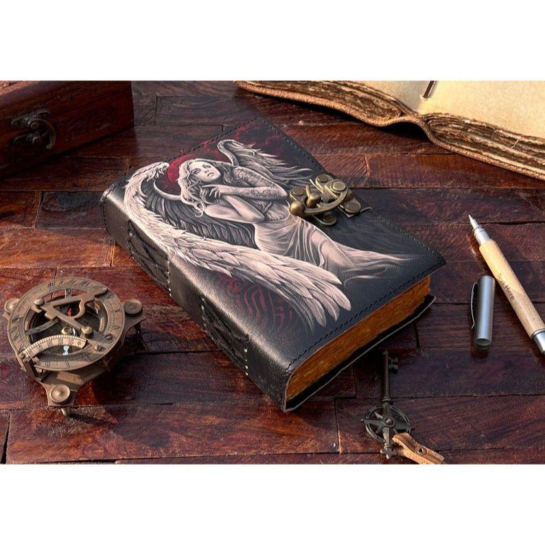 Angel Leather Journal - Handmade Leather Notebook • Grimoire Journal • Blank Book • Vintage Deckle Edges Paper • Special Gifts for Girls.