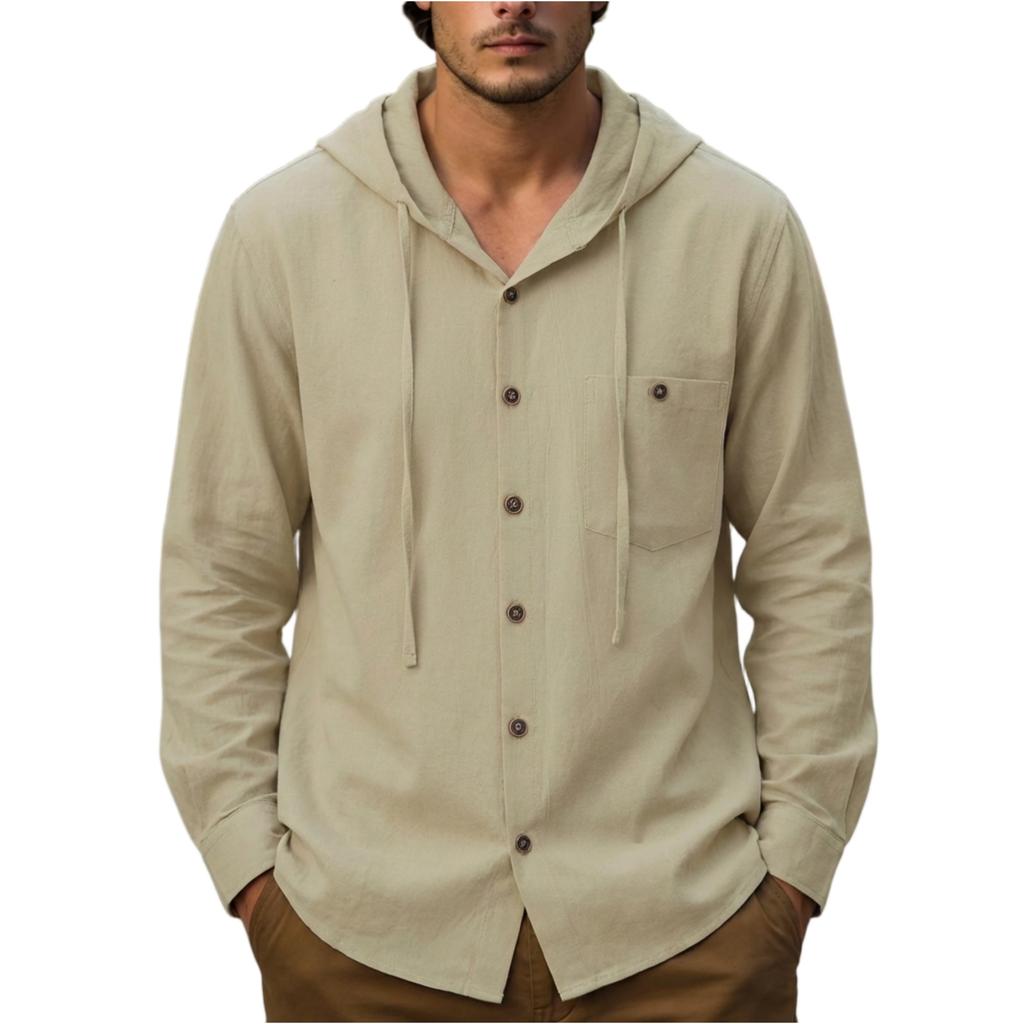 Men's Fashion Casual Cotton-Linen Hooded Padded Shirt - Men's Outdoor Lightweight Buttoned Long-Sleeved Shirt