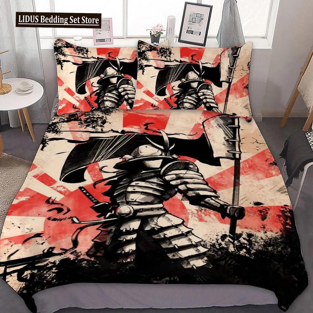 Japanischer Schwarz-Weiß-Tuschestil Samurai-Schwert Rote Sakura 3D Bettbezug-Set Queen-Size Bushido-Kultur Bettwäsche-Set Bettdecken-Set