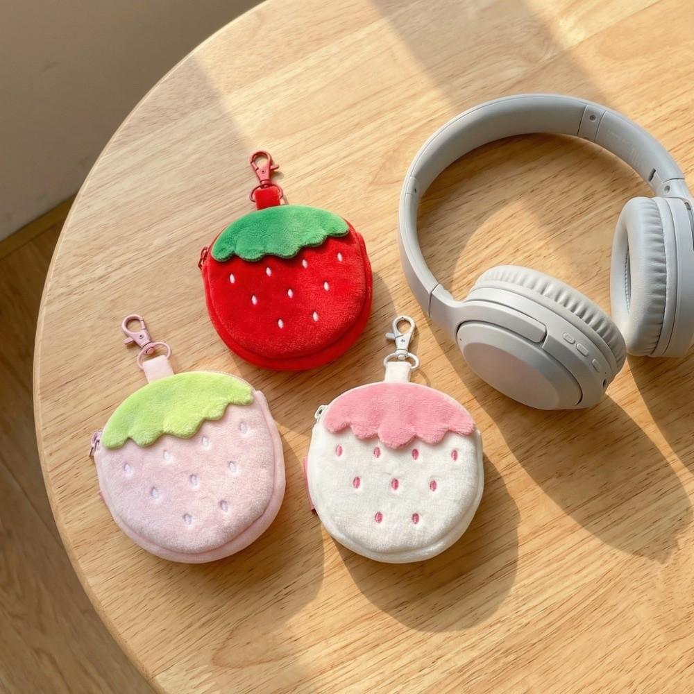 Zipper Design Plush Strawberry Keychain Lipstick Card Bag Earphone Bag Key Pendant  Student