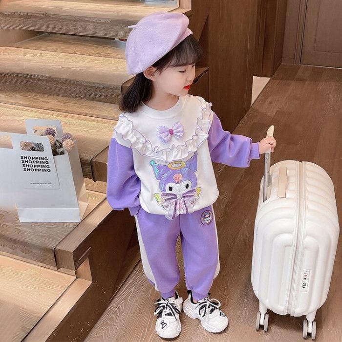 Girls Ruffled Hoodie Set Spring Autumn Stylish Two Piece Outfit 90