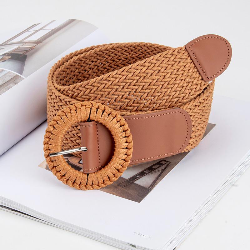 Women's Braided European and American Style Punch-free Belt Women's Alloy Round Buckle with Dress Waist Seal Waist Belt