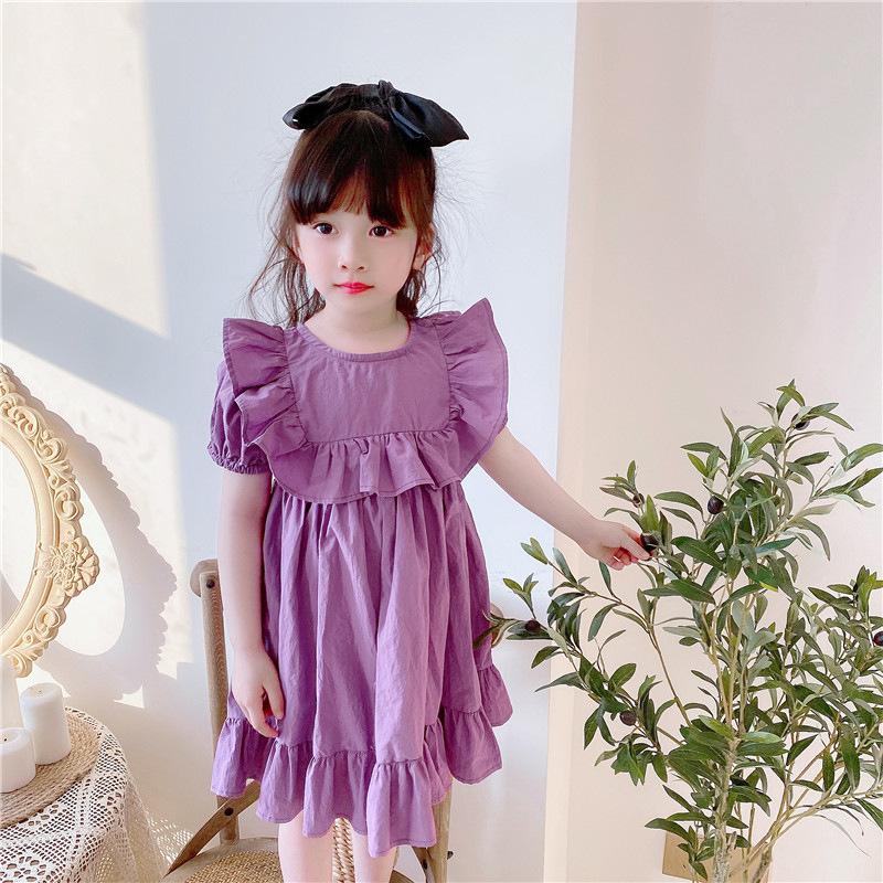 Girls' Dress Fashionable Children's Ruffled Puff Sleeve Purple Skirt
