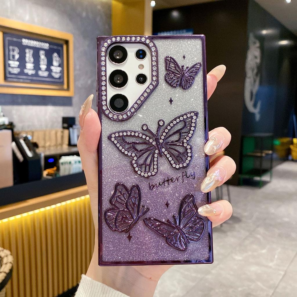 Samsung S25Ultra Phone Case 3D Glitter Water Diamond Butterfly S24plus Anti-drop Soft Case A26