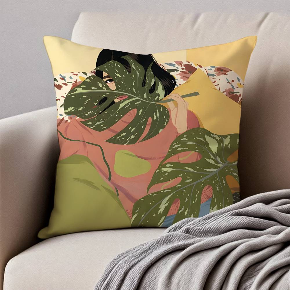 F-Blumen P-Pflanze G-Mädchen Kissenbezug Hausstaubmilben-Schutz Kissenbezug Verdeckter Reißverschluss Seidig Kurzer Plüsch Sofakissenbezug