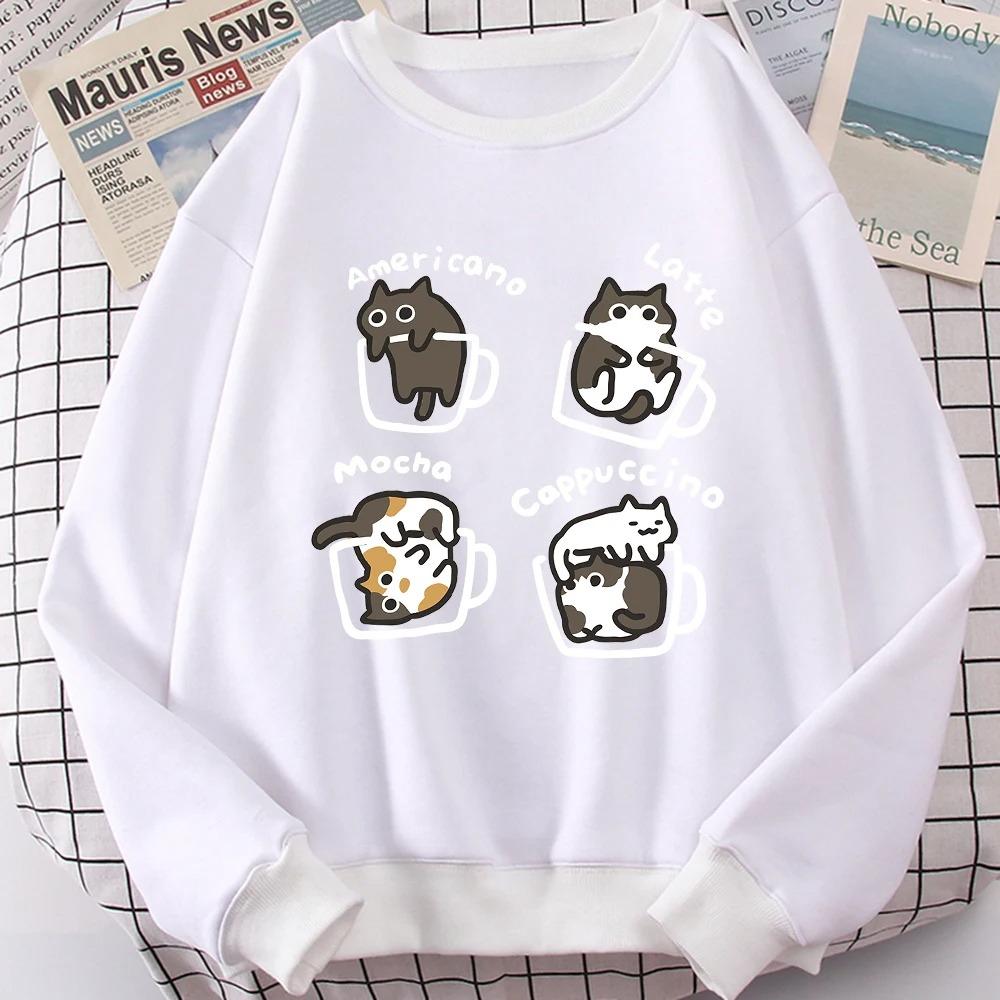 

American Style Coffee Cat Cute Print Cartoons Hoodie Women Sweatshirt Loose Warm Clothes Personality Autumn Hoody Clothing XL