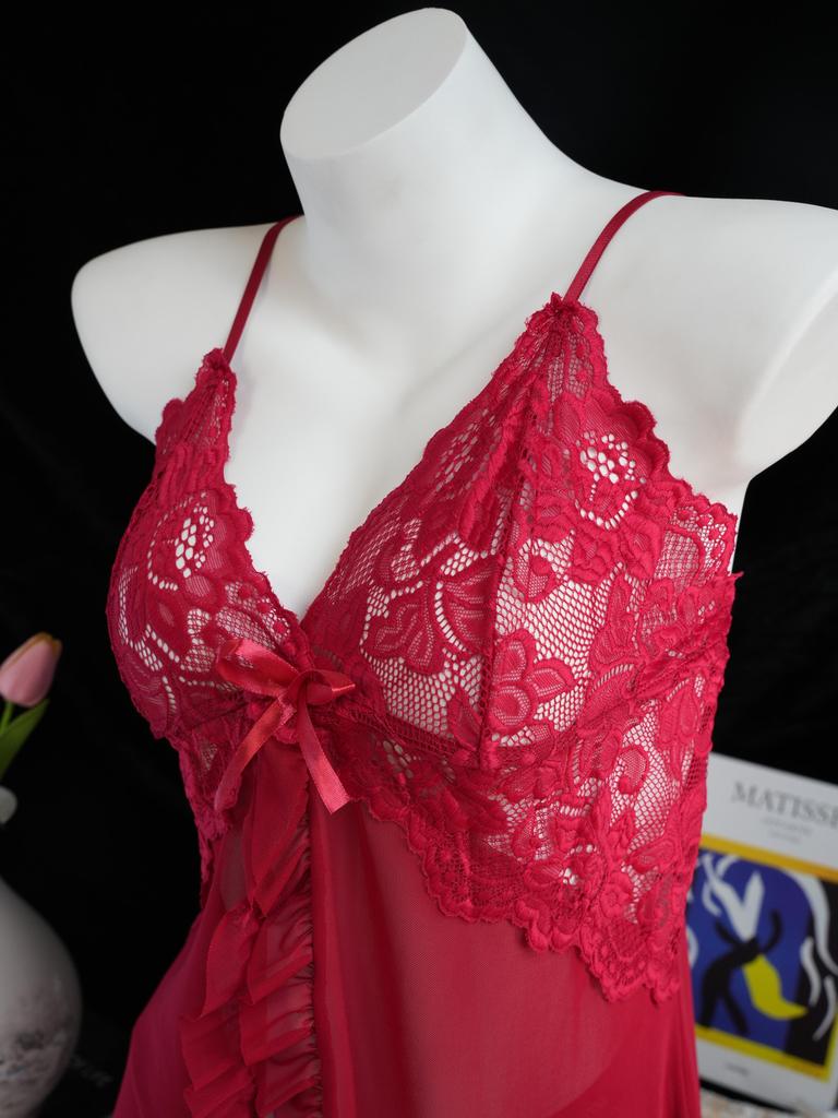 Thin Style G-string Contrast Lace Ruffle Trim Lingerie Set Deep V Slip Dress Thing Women's Sexy Lingerie Lenceria Mujeres wine red