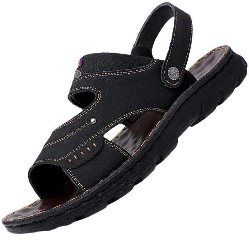 Fashion Men's Summer New Sandals and Slippers Men's Leather Sandals Adult Thick-soled Beach Shoes Non-slip Open-toe Leather Sandals