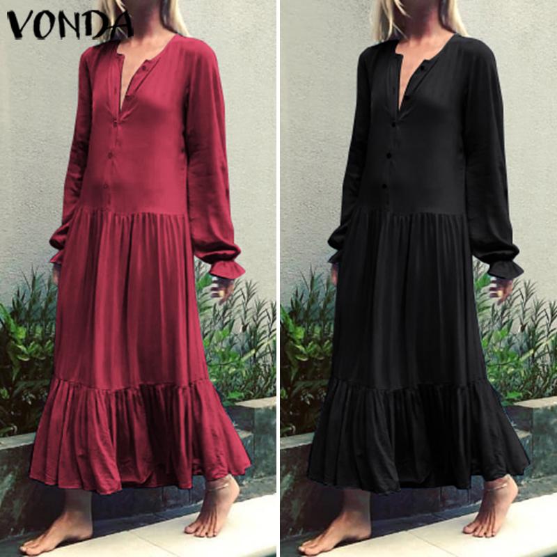 Buy VONDA Women's Fashion Vneck Long Sleeve Button Dress Prom Party