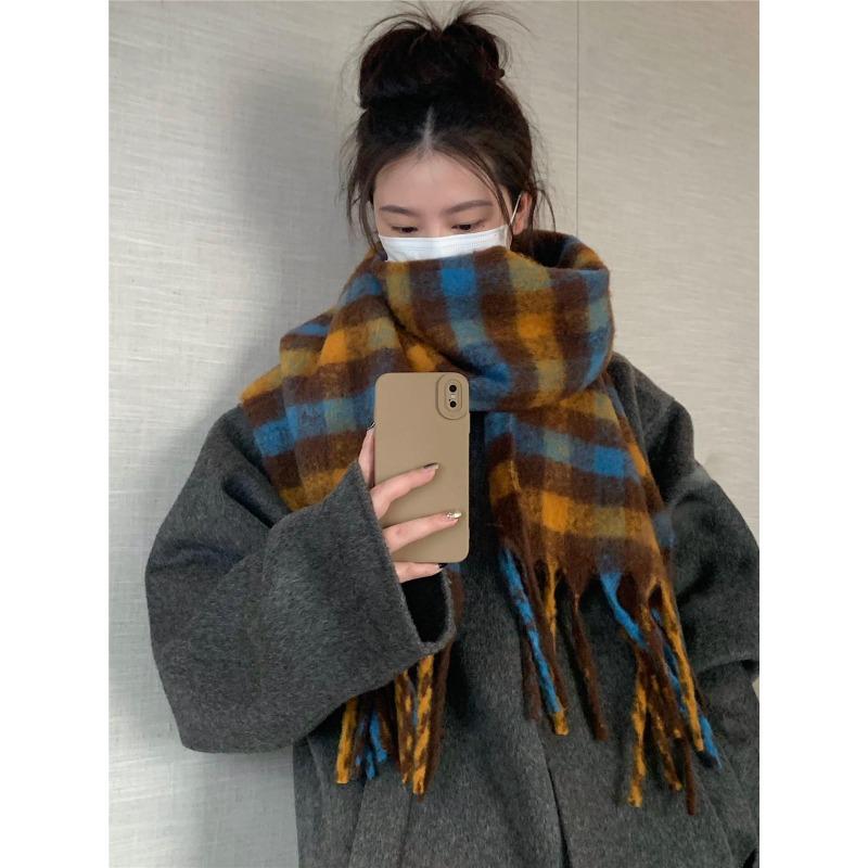Mohair plaid scarf women's winter thickened warm imitation cashmere scarf long shawl student knitting