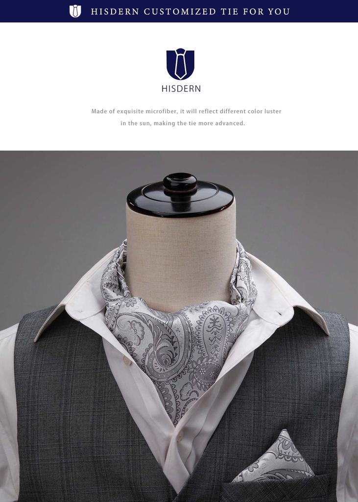 [HISDERN] Ascot Tie Men's Silk Silver Light Gray Neck Scarf Wedding Formal Scarf Stylish Paisley Pattern Men's Gentleman RC-04S