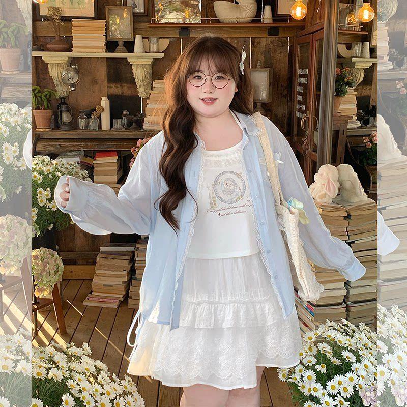 Plus-Size Women's Clothing: Stylish Lace Bow Shirt and Halter Neck Printed Strap Cake Dress Set