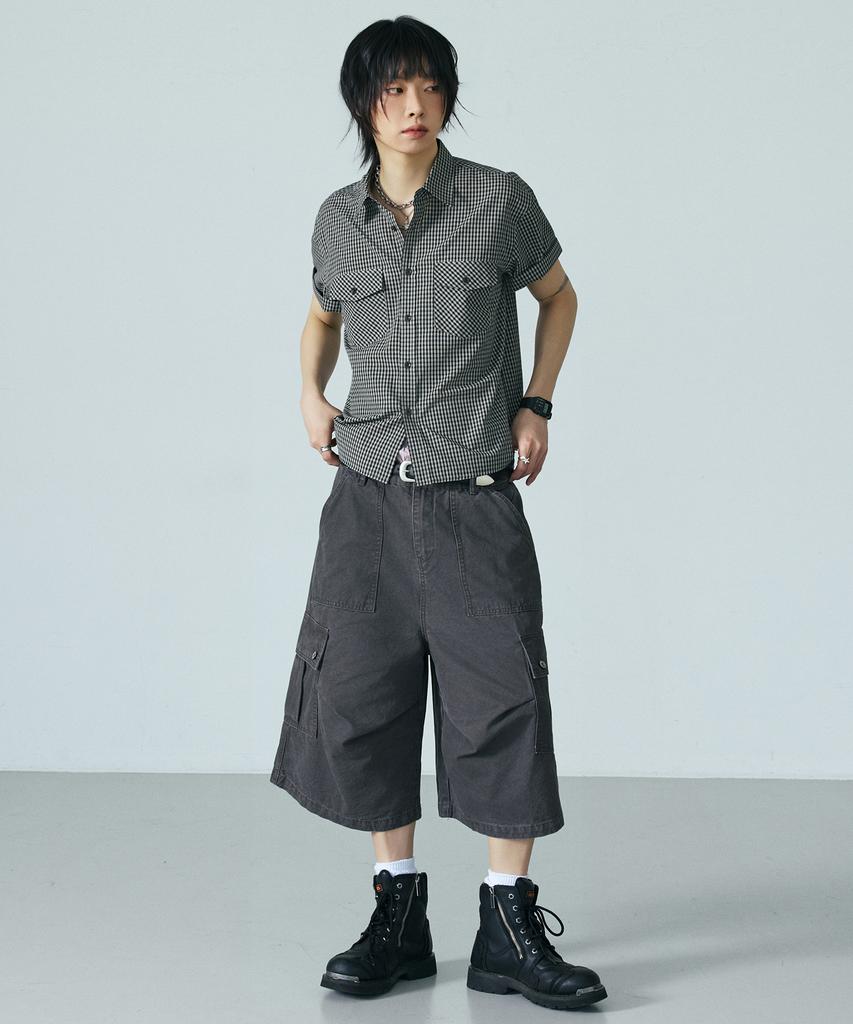 LXT Washed Cotton Wide Cargo Bermuda Pants [Charcoal]