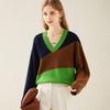 Women's Thick 100% Wool V-Neck Color Block Sweater