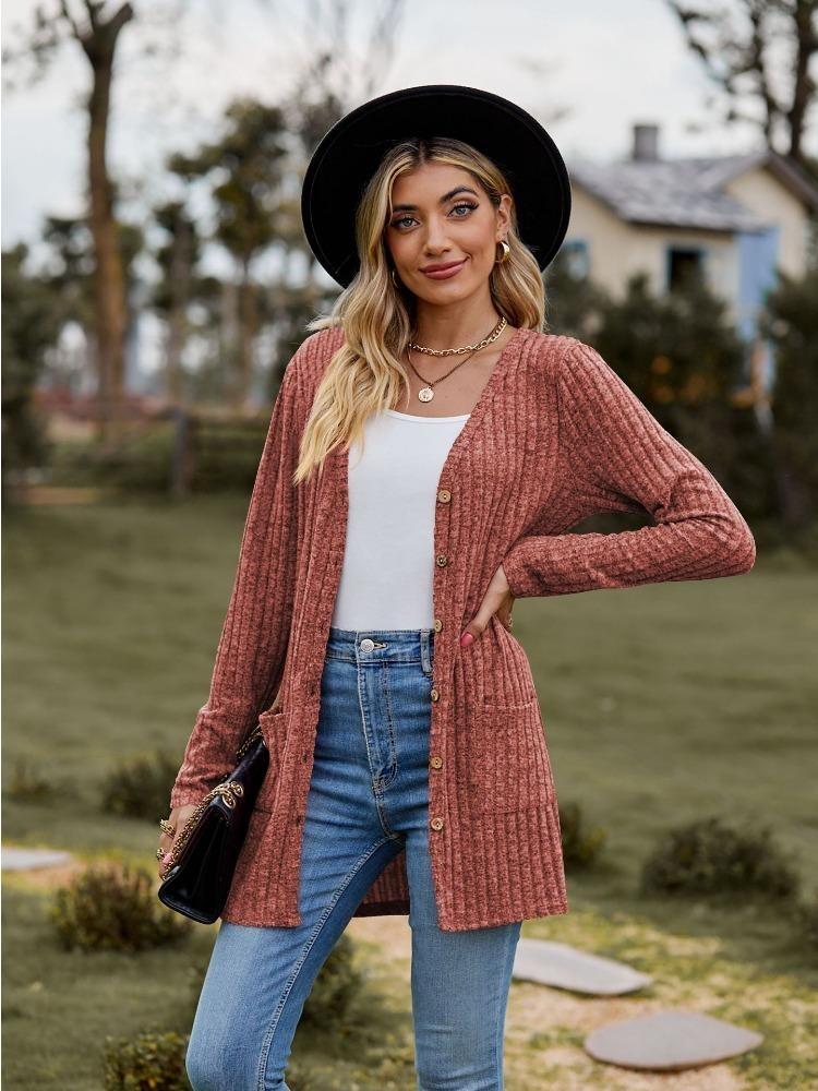 Women's Solid Color Brushed Stripe Cardigan Jacket Long Sleeve Autumn Pit New Clothing