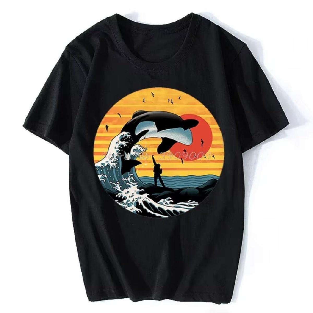 

Японский стиль укиё-э Великая косатка косатка кит волна смешная футболка мужская одежда свободные топы унисекс XXXXXL чёрный