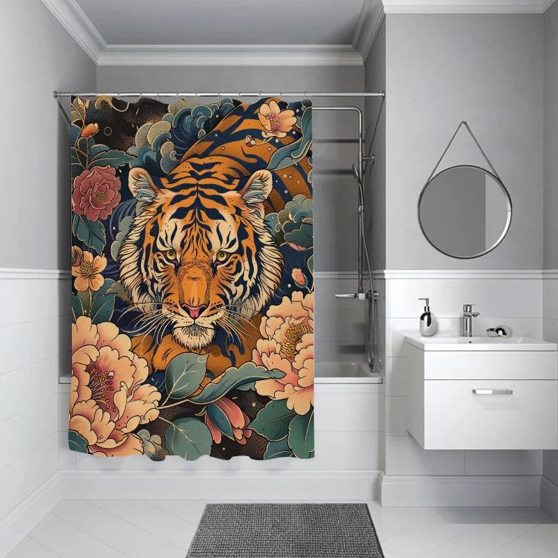 Waterproof Shower Curtain for Bathroom Tiger Flower Opaque Curtains Bath Things Accessories the Sets Full Set Showers Bathtub
