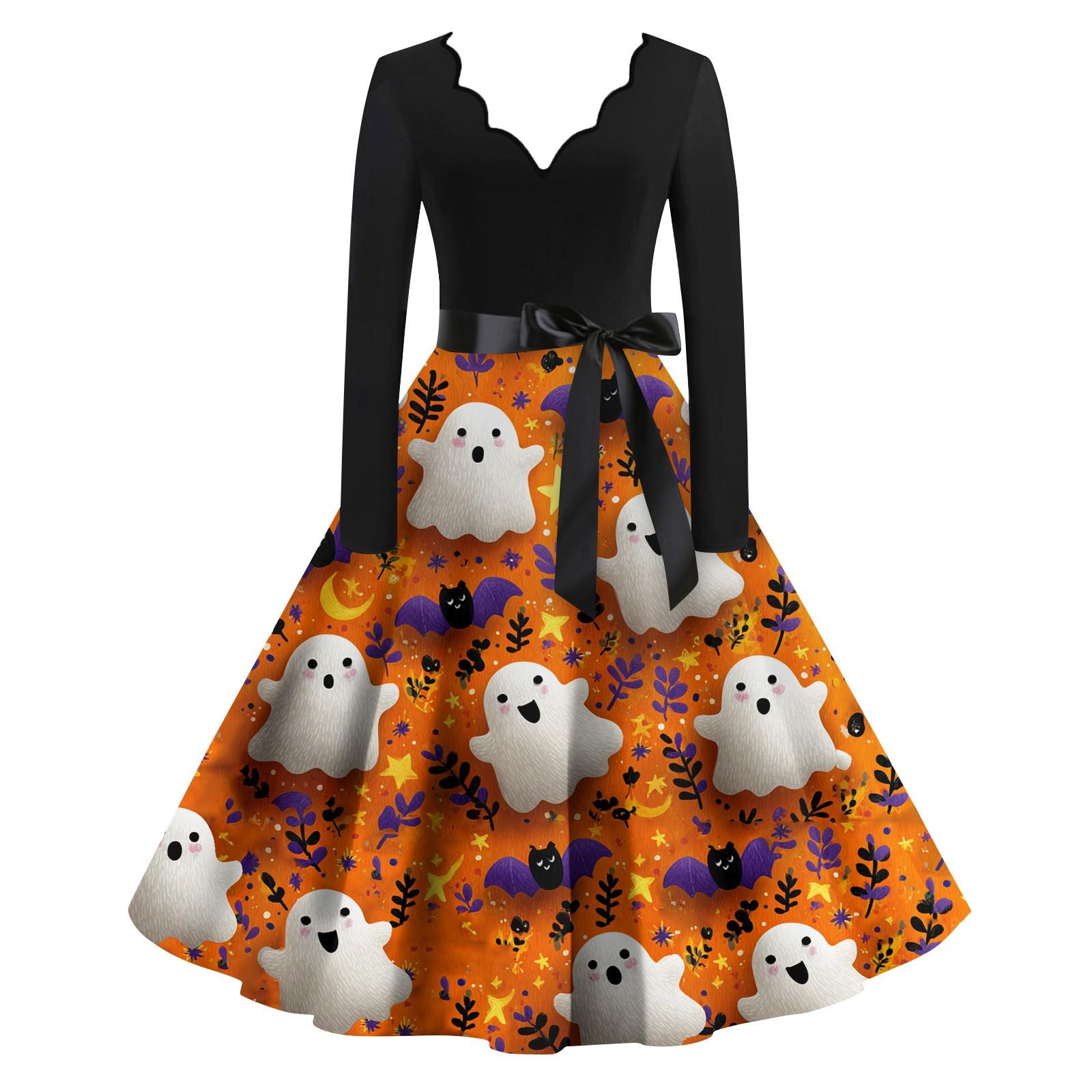 

Женские модные платья с волнистым краем, V-образным вырезом, повседневные, облегающие, с принтом на Хэллоуин, с длинным рукавом M оранжевый