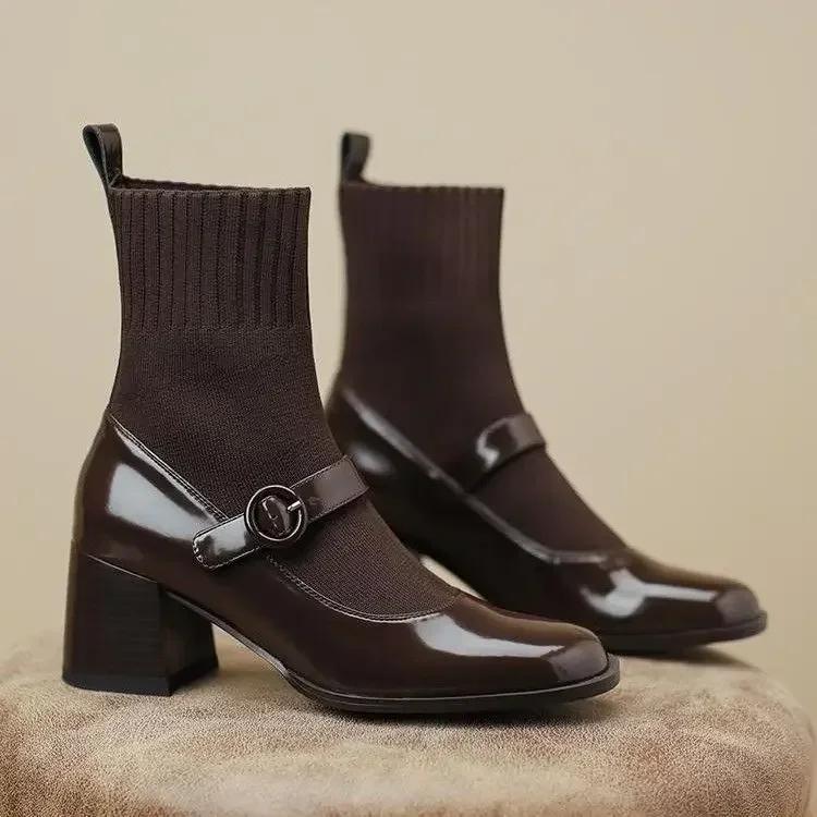 Fashion 2024 Women's Ankle Mary Janes Boots Elastic Boot Hot Sale New In Booties Trend High Quality On Offer Female Short Shoes