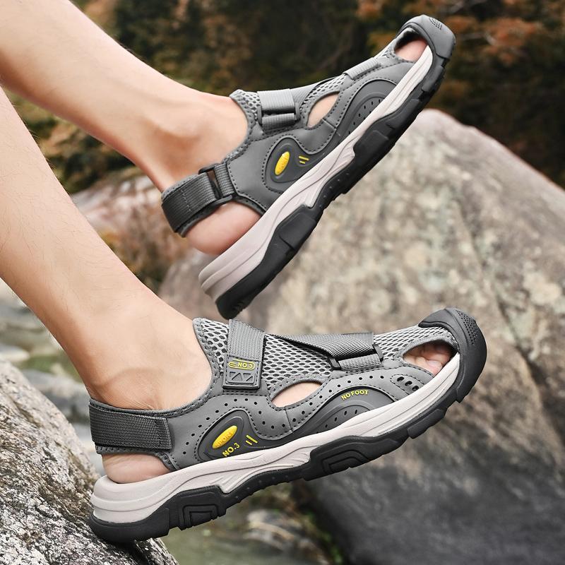 Sandals Men's Tide Summer New Style Leather Toe Cap Outdoor Leisure Sports Hollow Sandals Beach Shoes Handmade Mesh Men Shoes 46