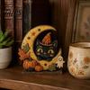 Waterproof Solid Wood Ornaments Halloween Retro Pumpkin Witch Cat Ghost Figurines with Crescent Base, Spooky Vintage Fall Holiday Party Supplies