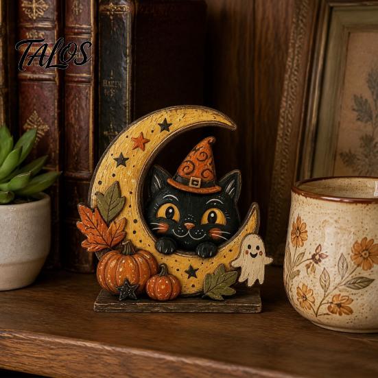 Waterproof Solid Wood Ornaments Halloween Retro Pumpkin Witch Cat Ghost Figurines with Crescent Base, Spooky Vintage Fall Holiday Party Supplies