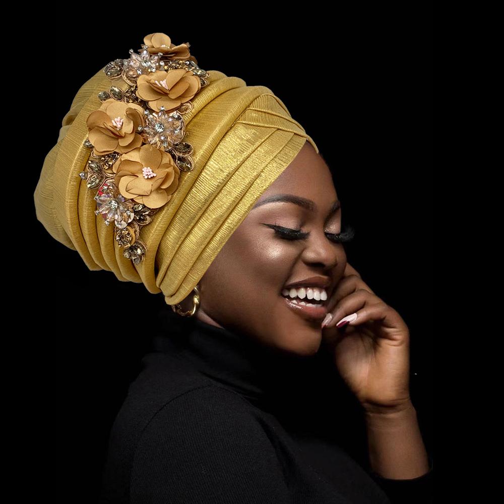 New African Women'S Turban Cap Nigeria Auto Gele Headtie Already Made Wedding Geles Female Head Wraps With Diamond Flower