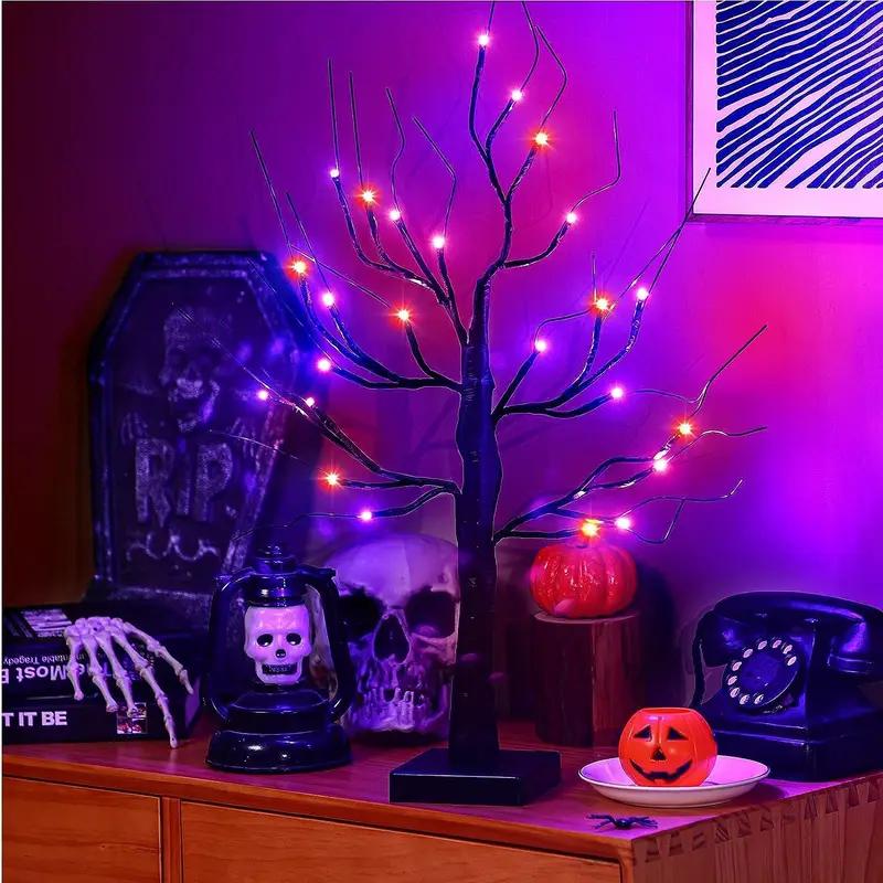 1pc Orange/Purple Glowing Halloween Birch Tree Light with 24L Black Branch Table Lamp Battery&USB For Indoor Holiday Decoration