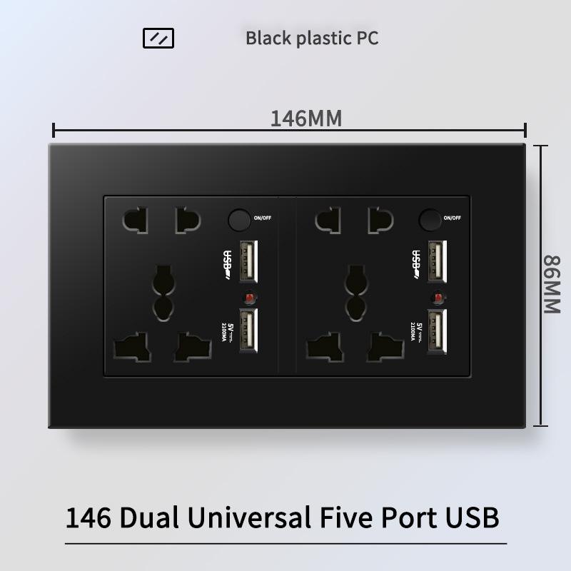 13A British Standard Socket with USB & Type-C Fast Charging, Light Switch, Black Panel for Hong Kong & Macau