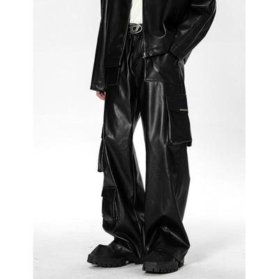 Herren Herbst Hip-Hop Punk PU Lederhose High-Street Mehrfach-Taschen Workwear Hose